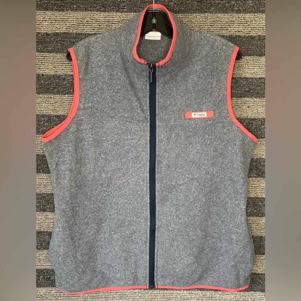 Columbia PFG Heather Gray Fleece Vest with Coral Trim Women’s XL EUC